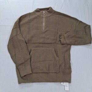 VIMPUNEC Sweater Mens L Quarter Zip Waffle Knit Brown Kangaroo Pocket NEW